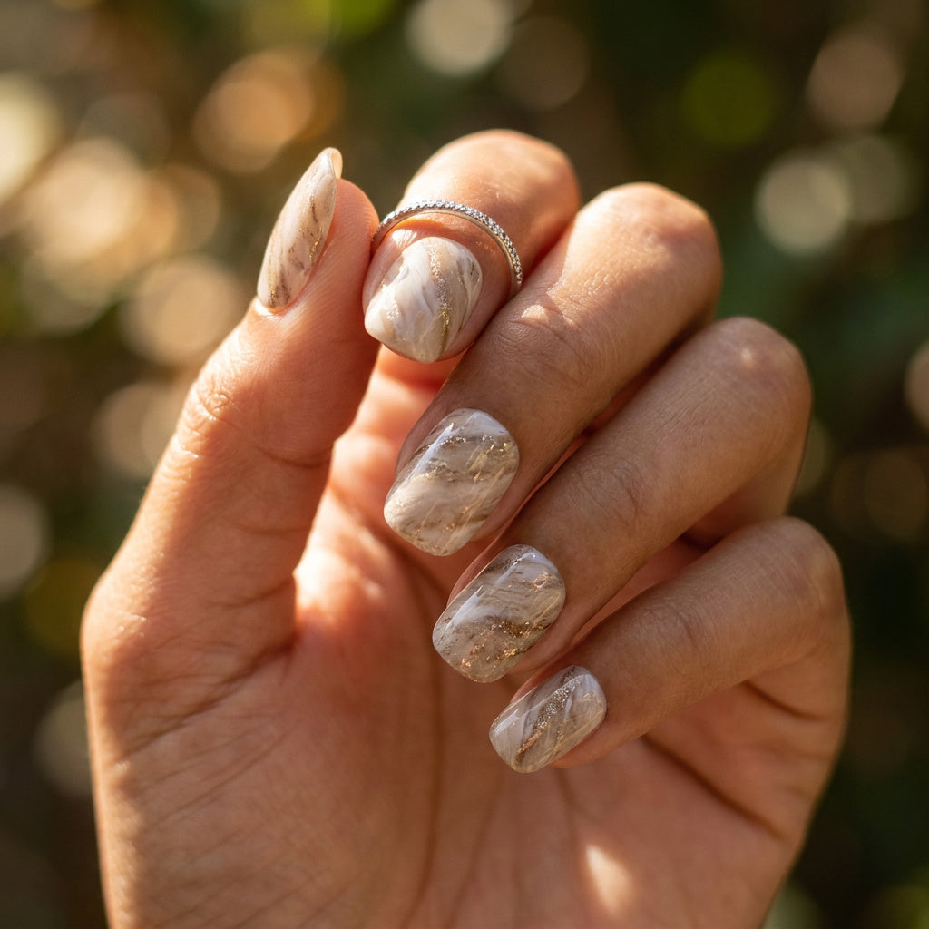 Hand wearing Sediment No. 9 press-on nails: greige, taupe and white marbled swirls with gold flecks, with a thin silver ring, against a sunlit green background